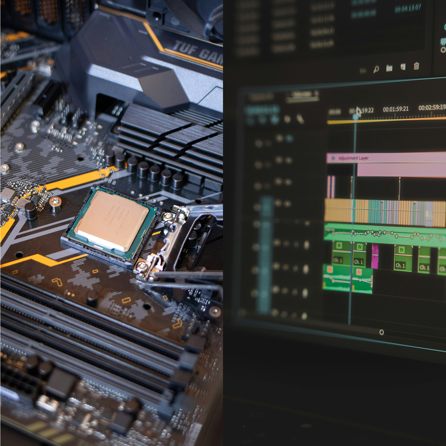 De l’électronique à la vidéo : carte mère en gros plan et interface de montage sur écran, illustrant le parcours de reconversion de Pierre Frédéric Ferreira-Repp, monteur vidéo freelance à Lorient.